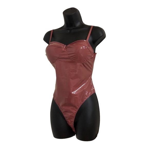Mauve brown Pleather glossy padded spaghetti strap bustier bodysuit size Large - Picture 7 of 15